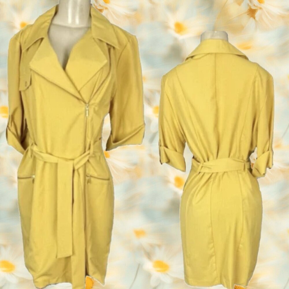 Sharagano 14 Autumn Gold Tie Belt Pockets Zip Side Moto Style Short Sleeve Dress